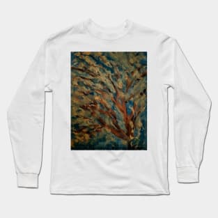 abstract painting of tree with gold leave and copper toned branche with a sky in my favorite colors Long Sleeve T-Shirt